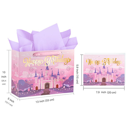 WRAPAHOLIC 13" Princess Birthday Gift Bags with Tissue Paper and Card - Purple Castle Bags for Kids Girls Birthday Party Baby Shower Supplies