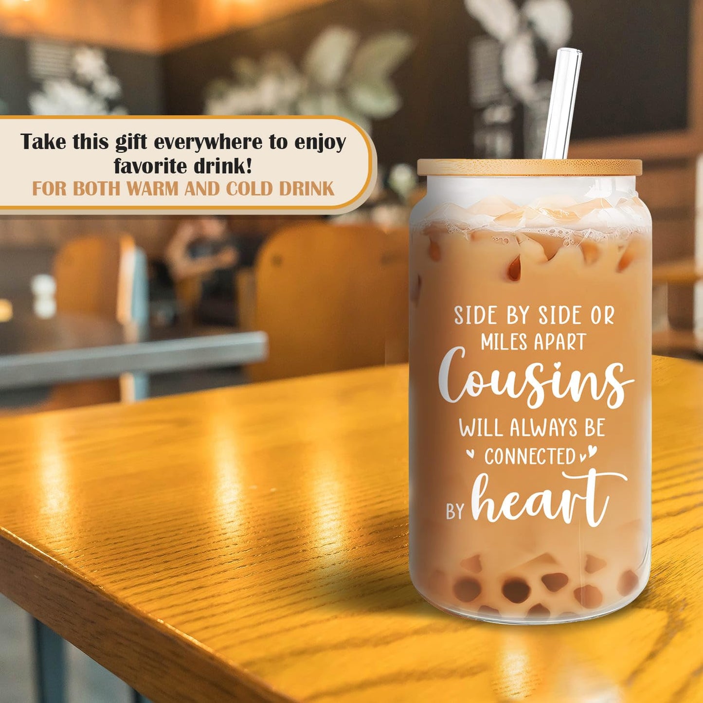 Cousin Gifts for Women - Female Cousin Christmas, Mothers Day, Birthday Gifts from Cousins - 16 oz Glass Cup with Lid and Straw