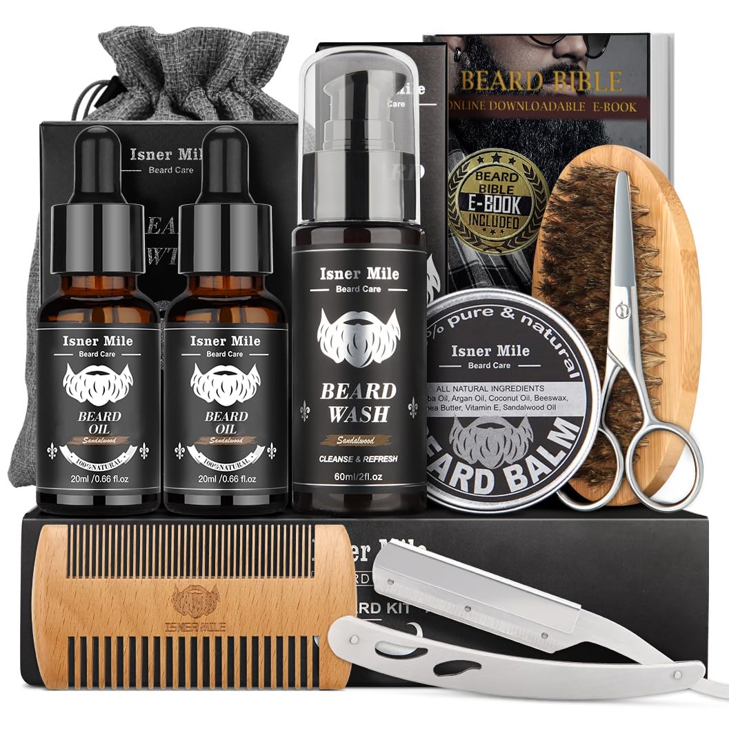 Isner Mile Beard Grooming Kit for Men Care: with Beard Oil Balm Wash Brush Comb & Straight Razor, Birthday Valentines Fathers Gifts for Men Him Boyfriend Husband Coworker, Christmas Stocking Stuffers