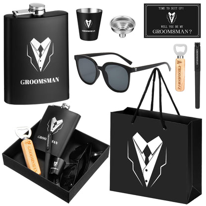 Layhit 9 Pcs Groomsmen Proposal Gifts Set of 1 Wedding Party Gift Including 1 Flask 2 Stainless Steel Shot Glass 1 Wood Bottle Opener 1 Pen 1 Sunglasses 1 Card 1 Box 1 Bag