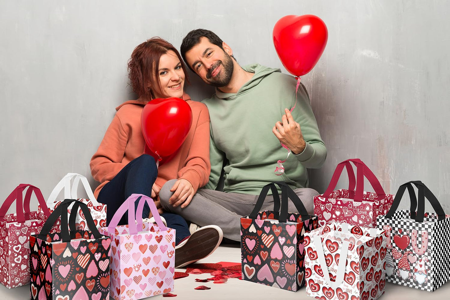 XiaosRen 10PCS Love Heart Valentine's Day Reusable Gift Bags, Non-Woven Valentines Tote Bags with Handles for Presents Wrapping, Kids Valentine Party Favor.