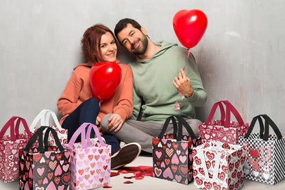 XiaosRen 10PCS Love Heart Valentine's Day Reusable Gift Bags, Non-Woven Valentines Tote Bags with Handles for Presents Wrapping, Kids Valentine Party Favor.