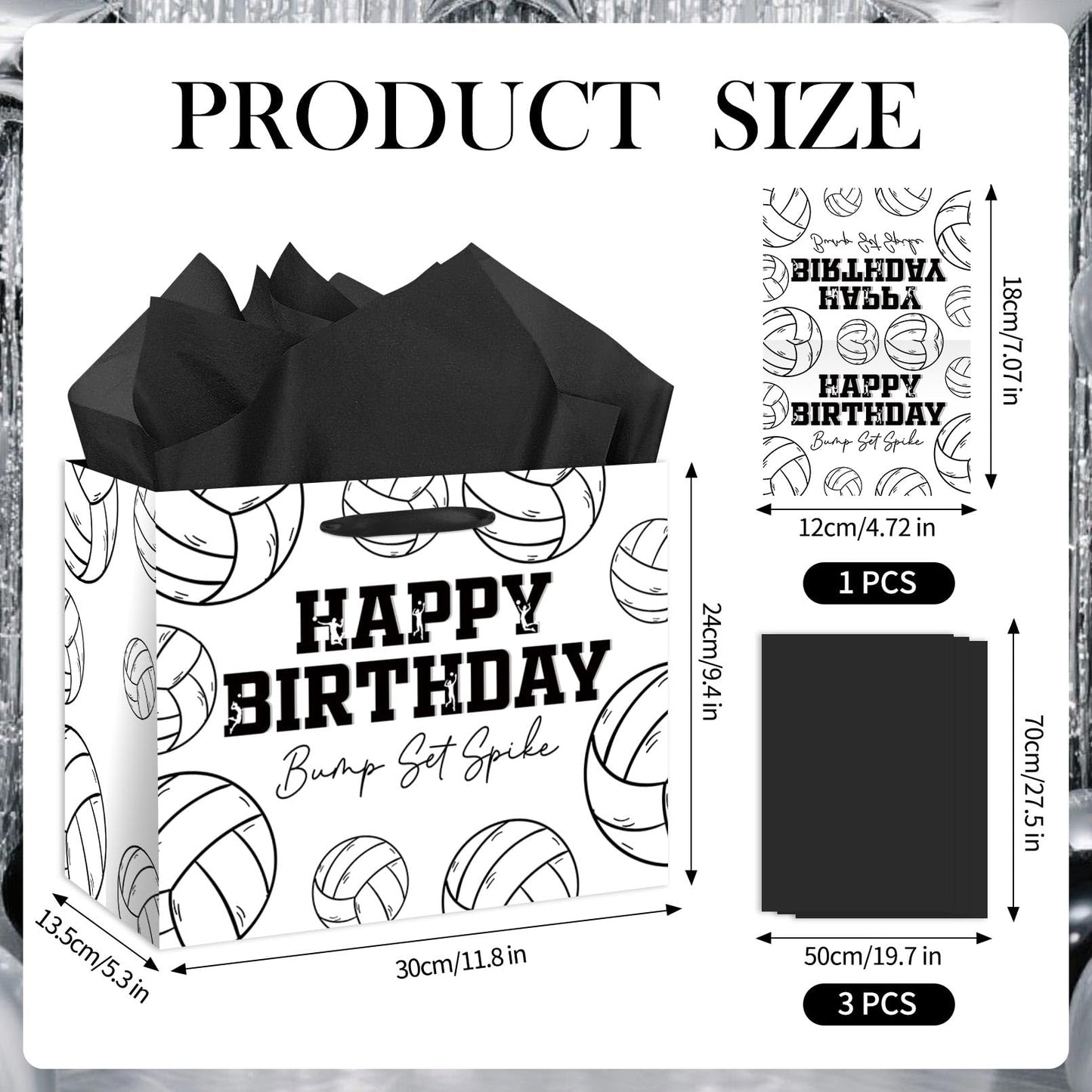 HSKMAKE Large Volleyball Birthday Gift Bag, Black White Volleyball Theme Gift Bag, with Card and Tissue Paper, Sports Party Gift Bags, for Boys, Girls, Fans, Birthday Party Favor Decorations Supplies