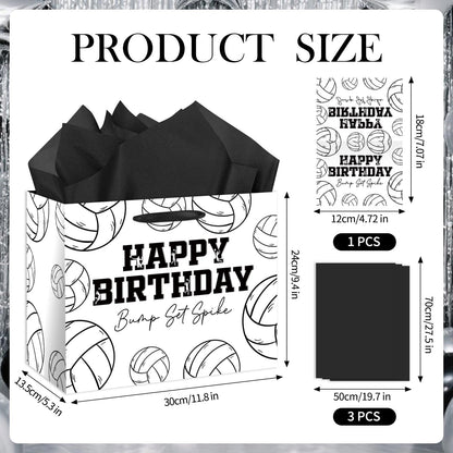 HSKMAKE Large Volleyball Birthday Gift Bag, Black White Volleyball Theme Gift Bag, with Card and Tissue Paper, Sports Party Gift Bags, for Boys, Girls, Fans, Birthday Party Favor Decorations Supplies