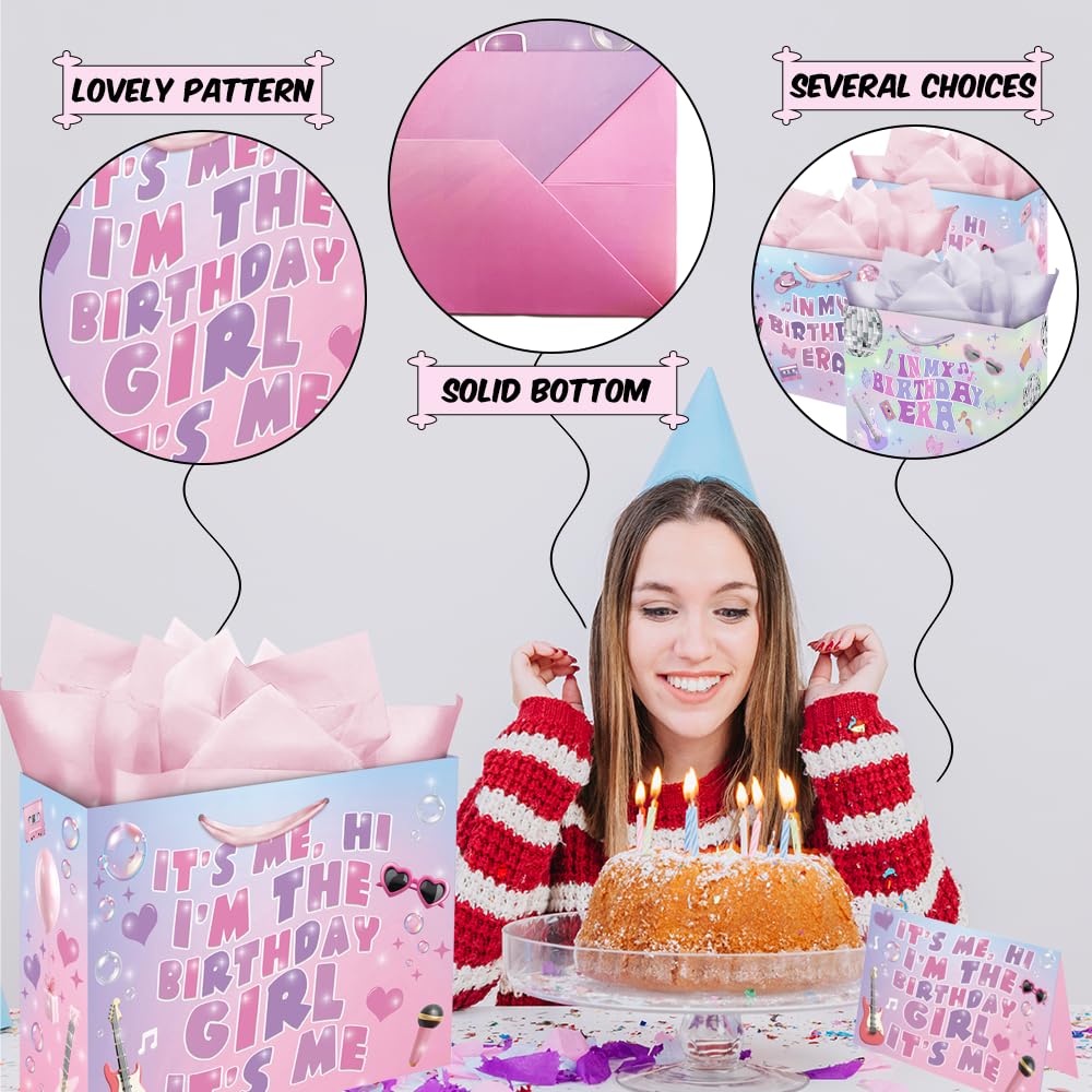Eaureum It's Me Hi I'm The Birthday Girl Gift Bag for Girls, Purple Pink Blue Birthday Gift Bag Party Decorations for Girls Daughter Granddaughter Friends