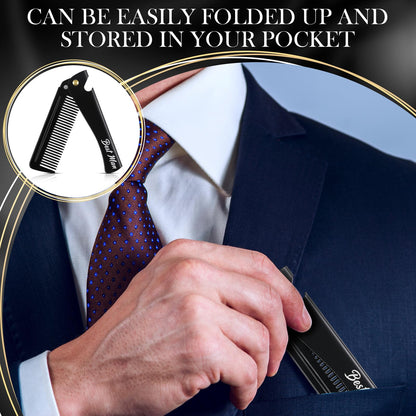 6 Pcs Groomsmen Gifts Folding Beard Comb for Men with Opener Groomsmen Gift Set of 6 Best Man Proposal Gift Combs Hair Mustache for Wedding Party Favor Grooming Detangling(Stainless Steel,Black)