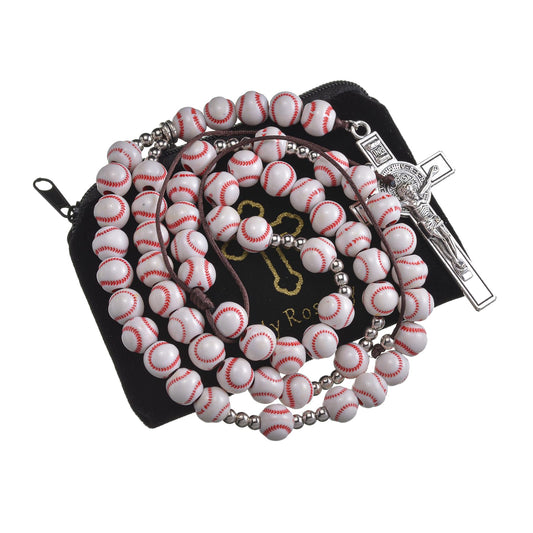 Basketball Bead Sports Necklace Catholic Rosary with Crucifix Cross Pendant Baptism Birthday Gift for Men Boys in Customized Velvet Bag