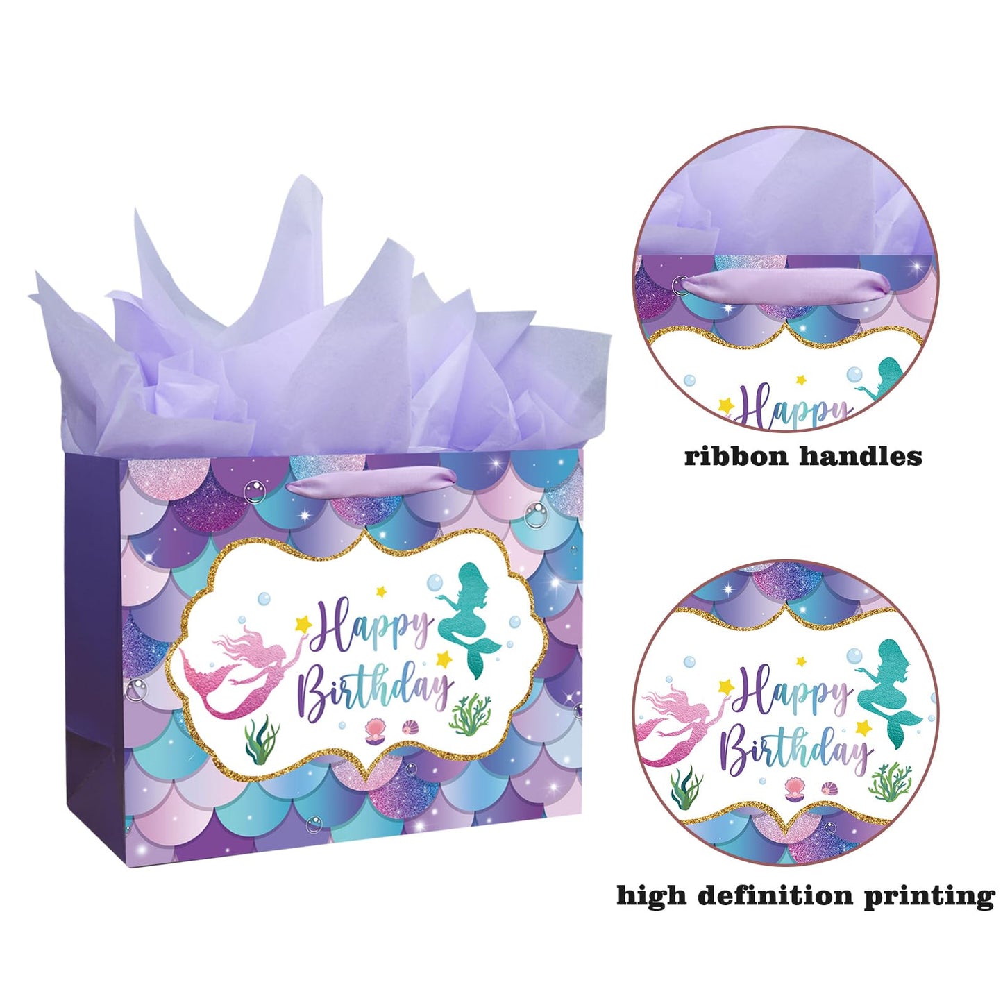 Laidans 13" Large Mermaid Happy Birthday Gift Bag with Handle, Tissue Paper and Card for Kids Girls (13in Purple)