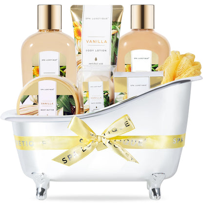 Gift Baskets for Women, Spa Luxetique 8 Pcs Vanilla Mothers Day Gifts for Mom, Birthday Bath and Body Set, Self Care Kit for Her, Including Bubble Bath, Shower Gel, Body Lotion
