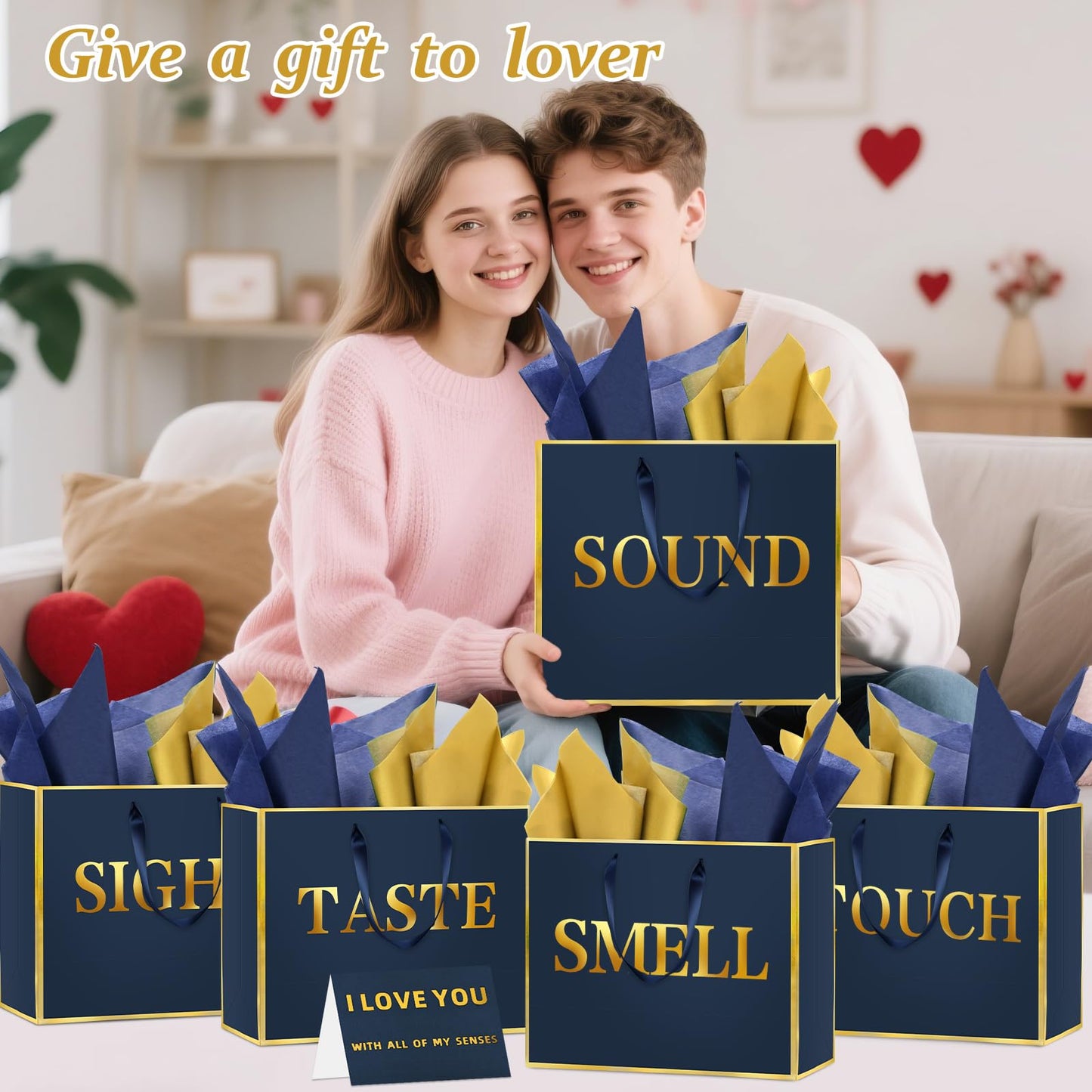 5 Senses Gift Bags for Him Her with Labels, Handles & Tissue Paper - Gold Foil Five Senses Gift Bags Party Decor for Birthday, Wedding, Anniversary,Christmas, Valentine's Day (Navy Blue, 11.8x 10x 4 inch)