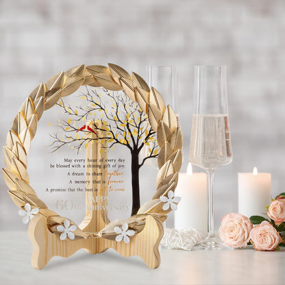 60th Anniversary Wedding Gifts Crystal Plate with Gold Leaf Wreath - 60 Years Anniversary Wedding Unique Gifts Ideas for Parents Couple - Cardinal Style