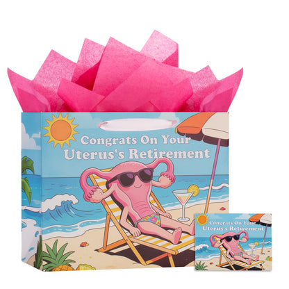 bigniuzi Hysterectomy Recovery Gift Bag Congrats On Your Uterus's Retirement Bag with Tissue Paper Greeting Card Hysterectomy Recovery Gift Wrapping Paper for Women Mom Friends Sister