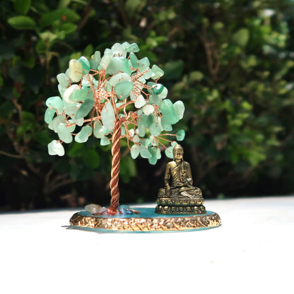 Buddha Statue with Healing Crystal Tree, Tree of Life for Positive Energy. Home Decor Yoga Meditation. Green.(B)