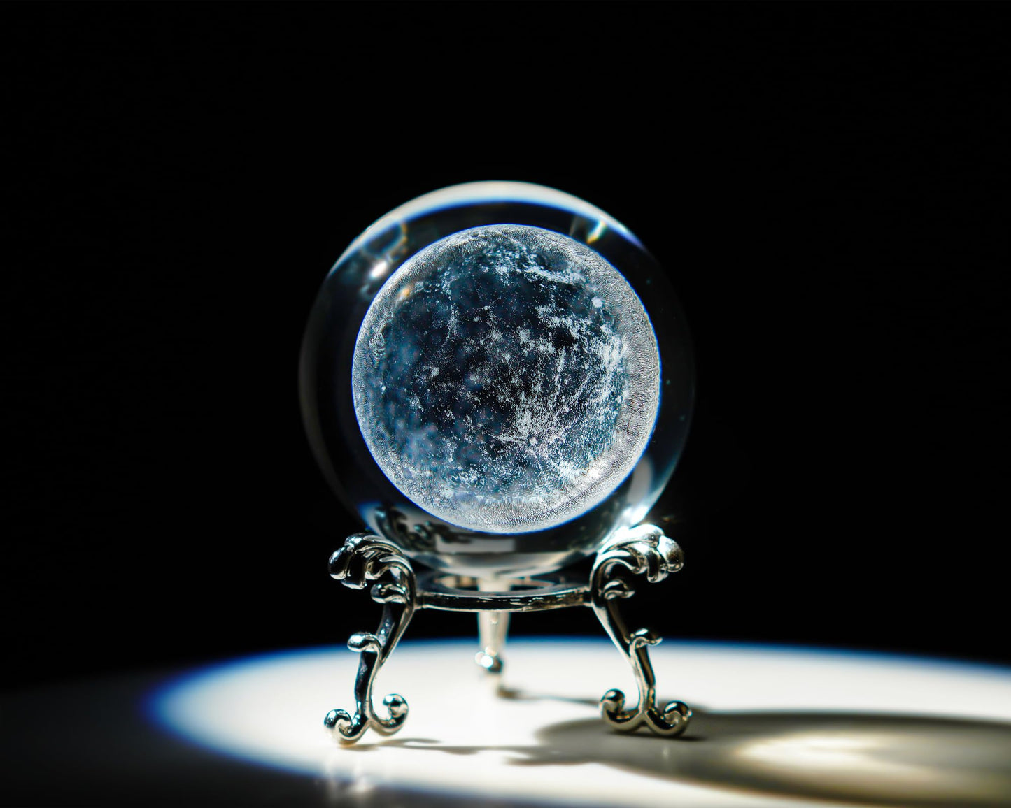 H&D HYALINE & DORA 70mm (2.75 Inch) 3D Laser Moon Crystal Glass Ball Paperweight with Metal Stand Home Decoration Collectible Gift