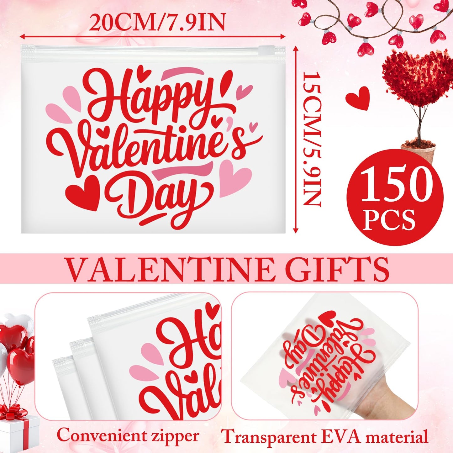 Kacctyen 150 Pack Happy Valentine's Day EVA Bags Bulk Galentine Reusable Clear Teacher Women Gift Pouches with Zipper Waterproof Bag for Candy Jewelry Bestie Galentine Gang Squad Party Supplies