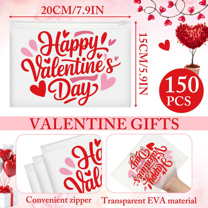 Kacctyen 150 Pack Happy Valentine's Day EVA Bags Bulk Galentine Reusable Clear Teacher Women Gift Pouches with Zipper Waterproof Bag for Candy Jewelry Bestie Galentine Gang Squad Party Supplies