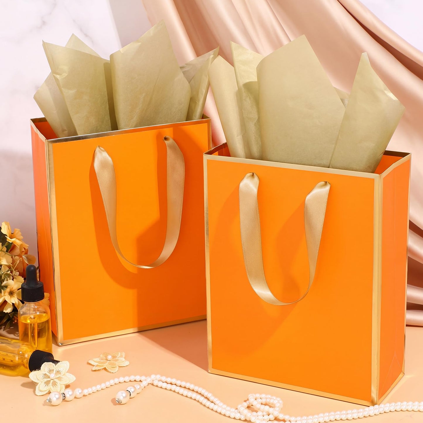 Yeaqee 24 Pack Metallic Paper Gift Bags with Handle and Tissue 9x7x3.1 Gold Foil Welcome Thank You Favor Bags Return Gifts for Wedding Graduation Bridesmaid Groomsmen Birthday(Orange, Gold)