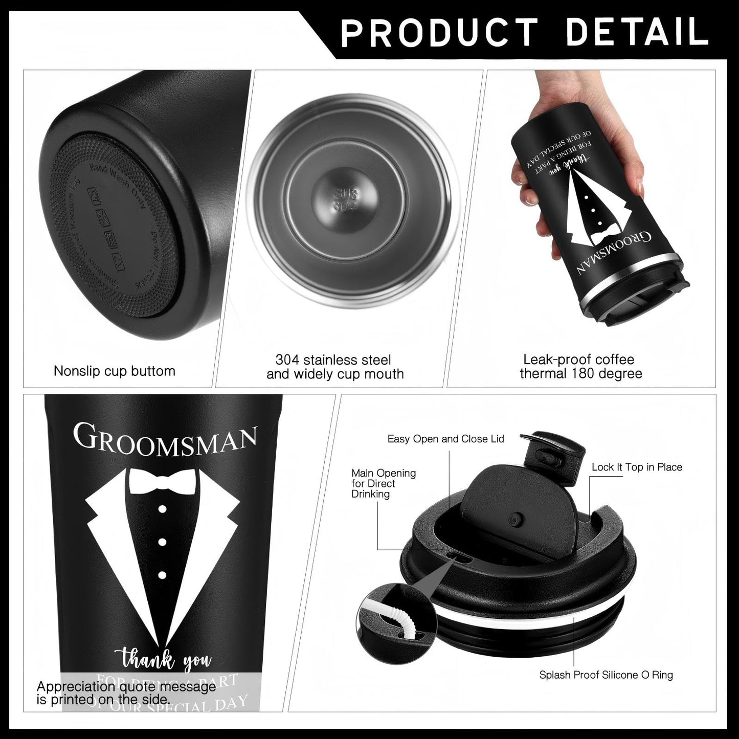 Nuanchu 6 Pcs Groomsmen Officiant Gifts Wedding Proposal Gift for Best Man Groomsman 17 Oz Coffee Cup Tumbler Socks Multi Tool Ballpoint Pen with Greeting Card Envelope(Black)