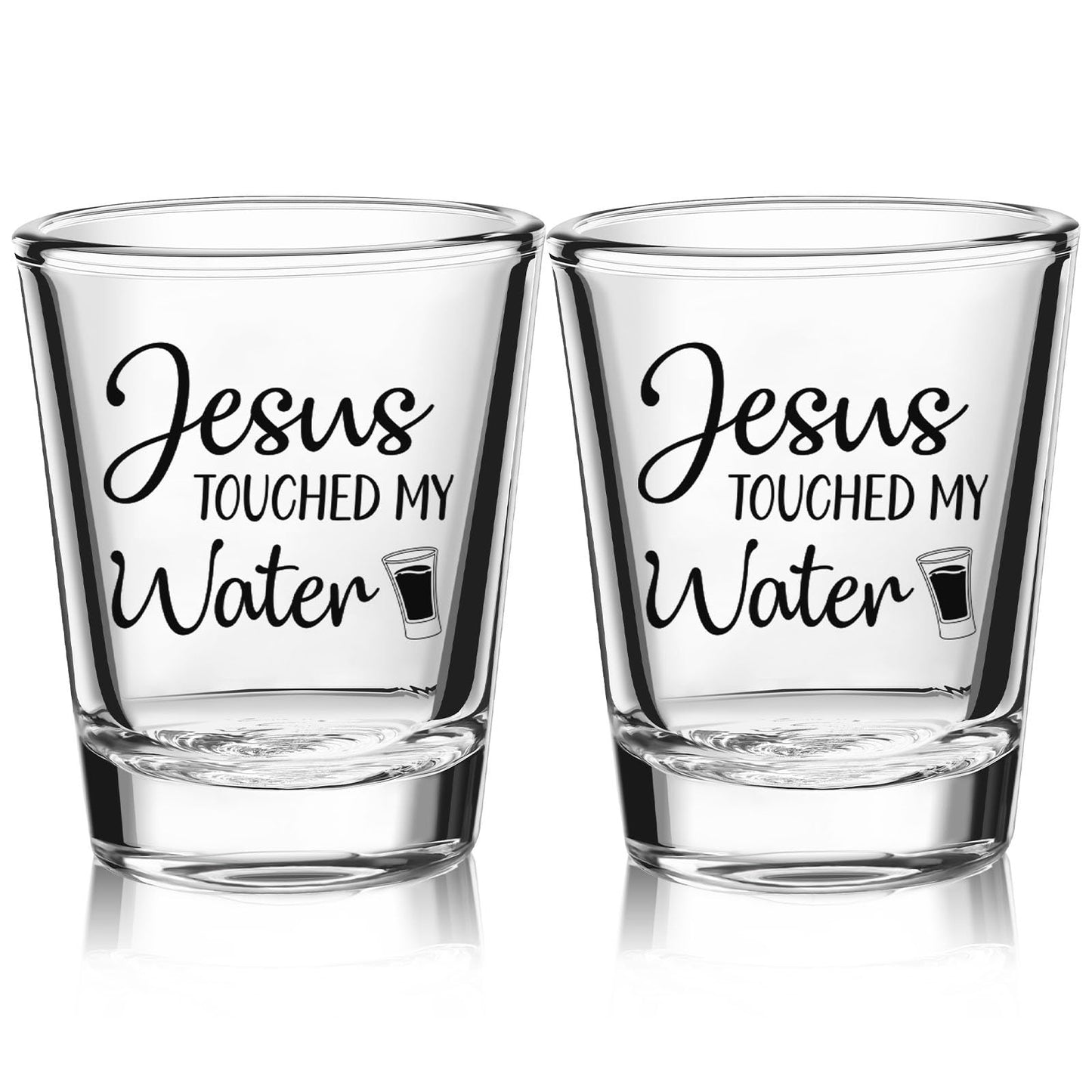Patelai 2 Pcs jesus Touched My Water Funny Glass Gift for Christmas, Present for Family, Friends, Church Members, Xmas Party 2 oz (2.36 x 1.97 Inch)