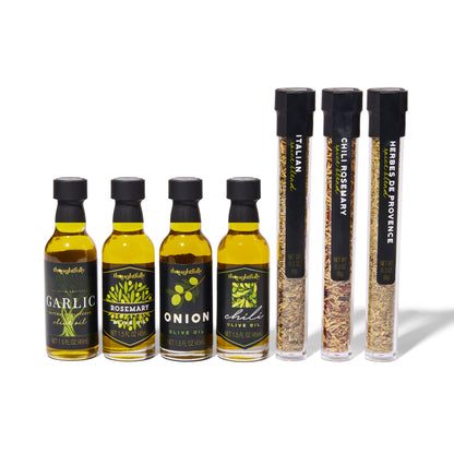 Thoughtfully Gourmet, Olive Oil Spice Infusion Gift Set, Premium Cold Pressed Extra-Virgin Olive Oil from Spain, Includes 4 Flavored Olive Oils and 3 Flavorful Spice Infusion Blends, Set of 7