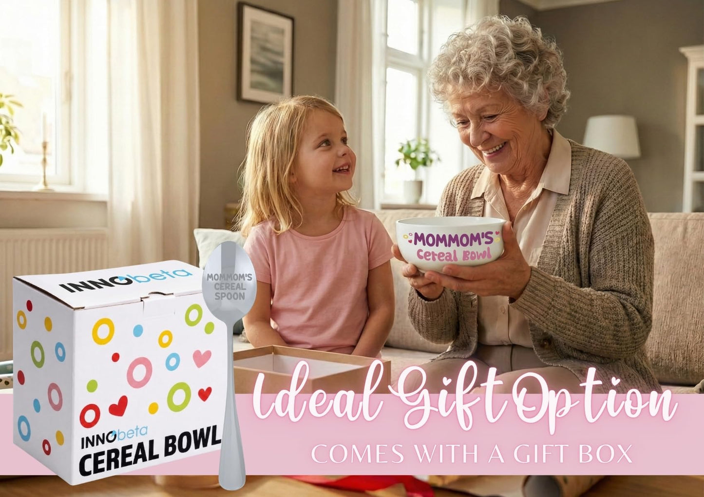 InnoBeta Mommom Gifts for Grandma from Grandkids, Mommom's Cereal Bowl Spoon Set, Ideal Present for Mother's Day Birthday Christmas