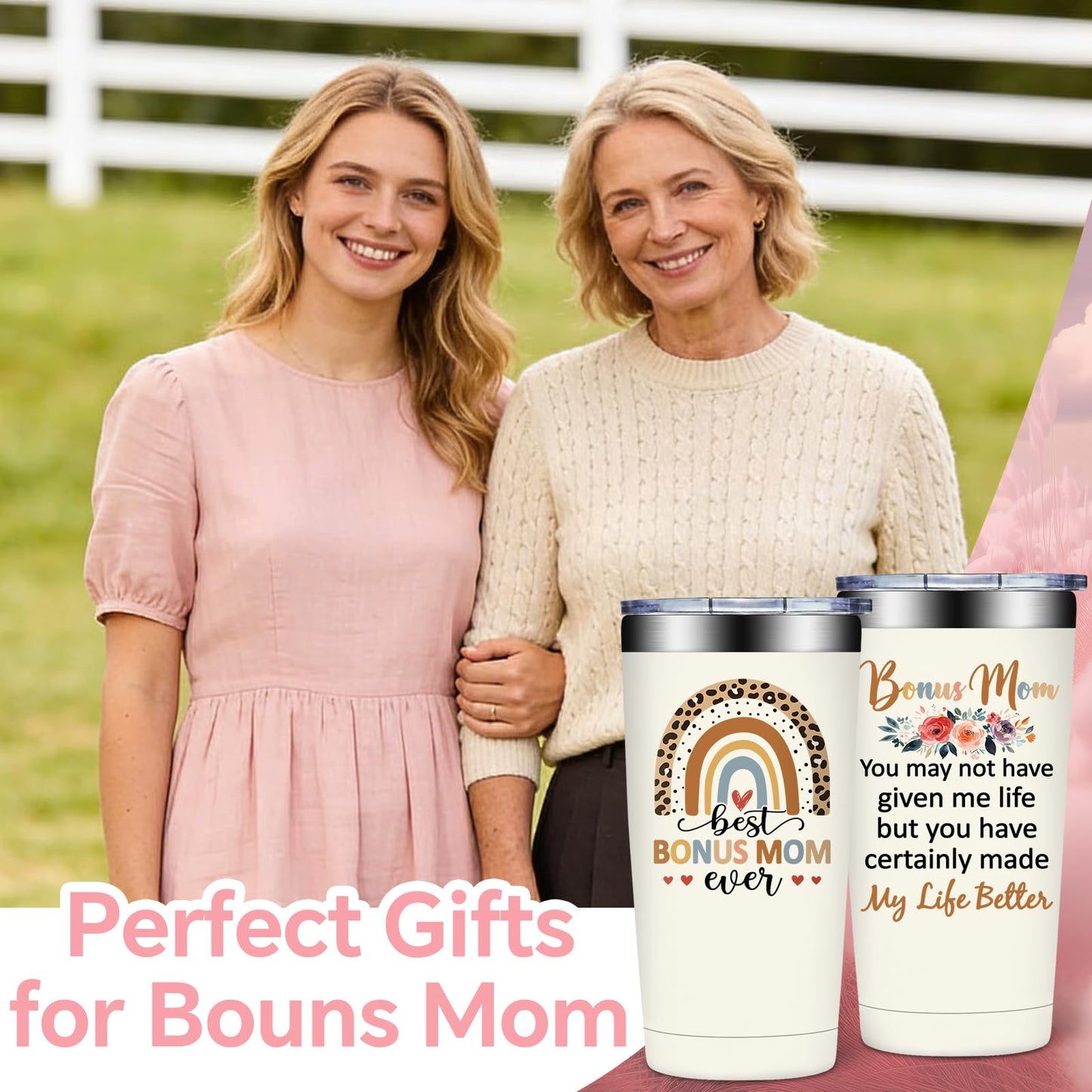 SpenMeta Bonus Mom Mothers Day Gifts - Birthday, Christmas Gift for Stepmom - 20oz Best Bonus Mom Ever Tumbler Cup