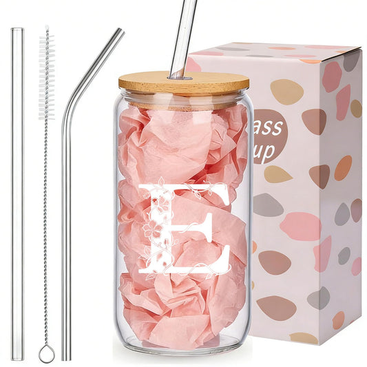 Personalized Gifts for Women, Monogrammed Glass Cups with Lids and Straws, Customized Gifts for Women, Cute Design Initial Iced Coffee glasses, Custom Letter Mug, Birthday Bridesmaid, E