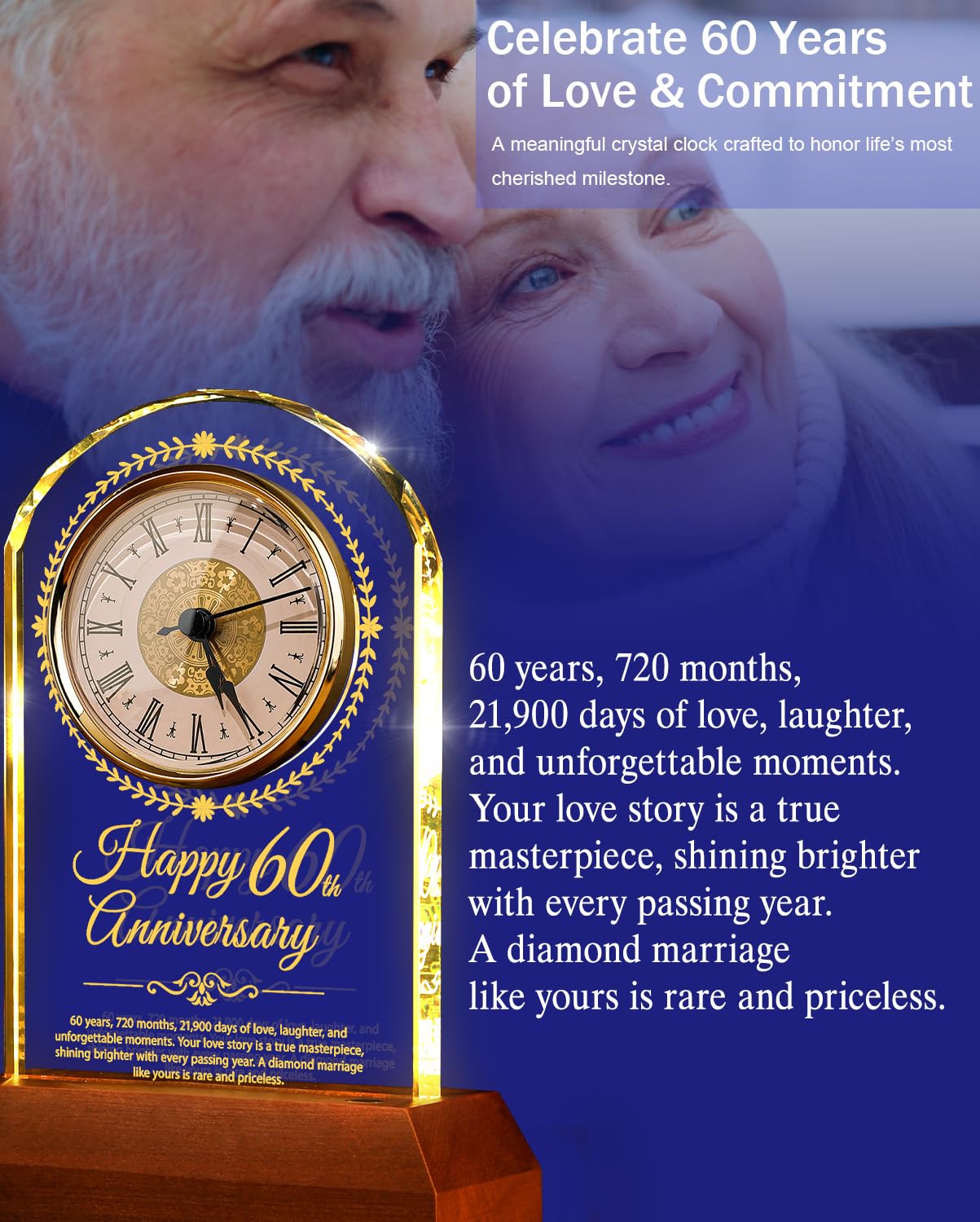 60th Wedding Anniversary Crystal Quartz Clock with Wooden Light Base,60 Years of Marriage Gift,Happy Diamond Anniversary Decoration Gift,for Parents,Grandparents,Couple