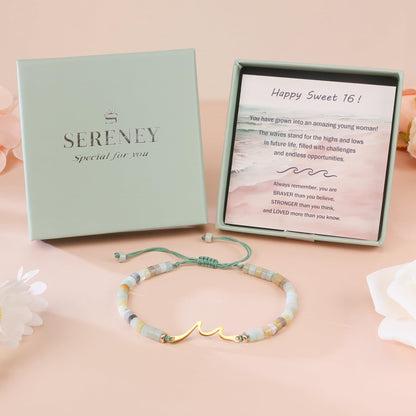 Sereney Birthday Gifts for Women, Graduation Gifts for Teen Girls Gifts Idea as Wave Bracelet as 13th 16th 18th 21st 40th 50th 60th Birthday Gifts for Girls Adjustable Natural Stone Bracelet