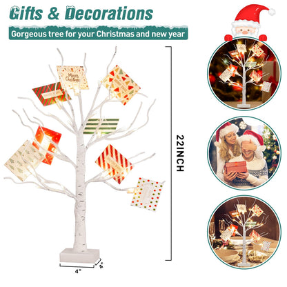 PEIDUO Christmas Decorations, 22 Inch Gift Card Tree Holder with 8 Clips and 8 Xmas Cards, Lighted Tabletop Money Tree, for Christmas,Birthday Wedding,Battery Powered, 6H/18H Timer (White)