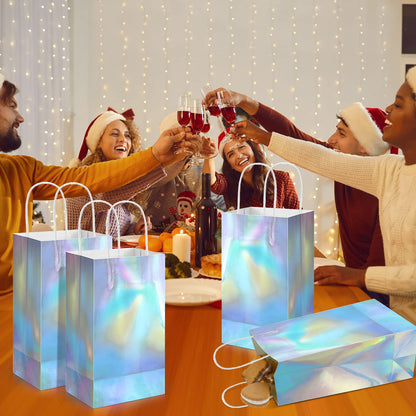 Estune 60 Pcs Iridescent Gift Bag Bulk Thickened Holographic Party Favor Bag with Handle 8.3 x 5 x 3.2in Glossy Paper Candy Goodie Flower Handbag Kpop Disco Wedding Birthday Graduation Party Supply