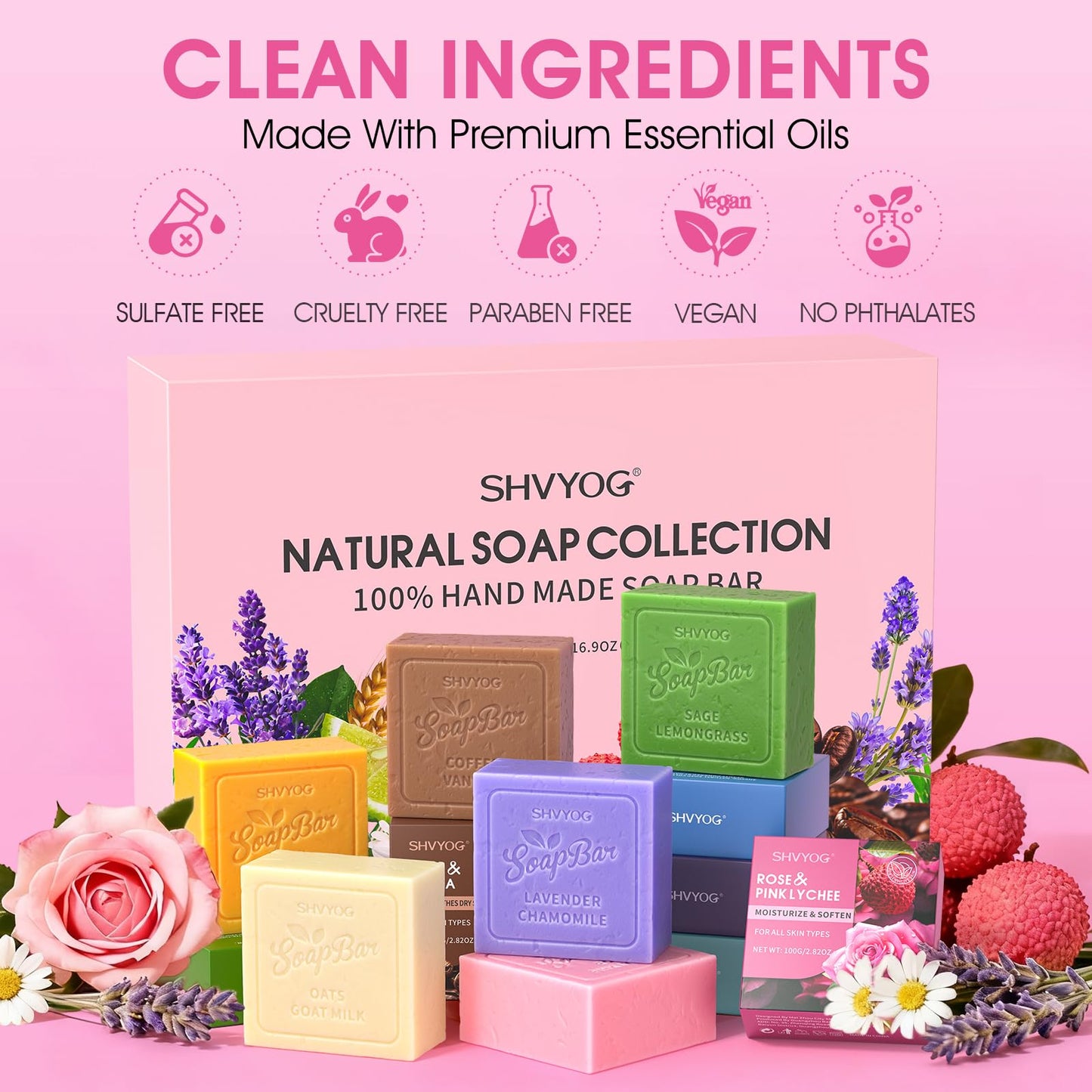 SHVYOG Natural Soap Bar Gift Set, 6PCS Soap Mothers Day Gifts for Mom, with Organic Ingredients & Essential Oils, Cleanses & Softens Skin, Moisturizing, Gifts for Women - 100G*6