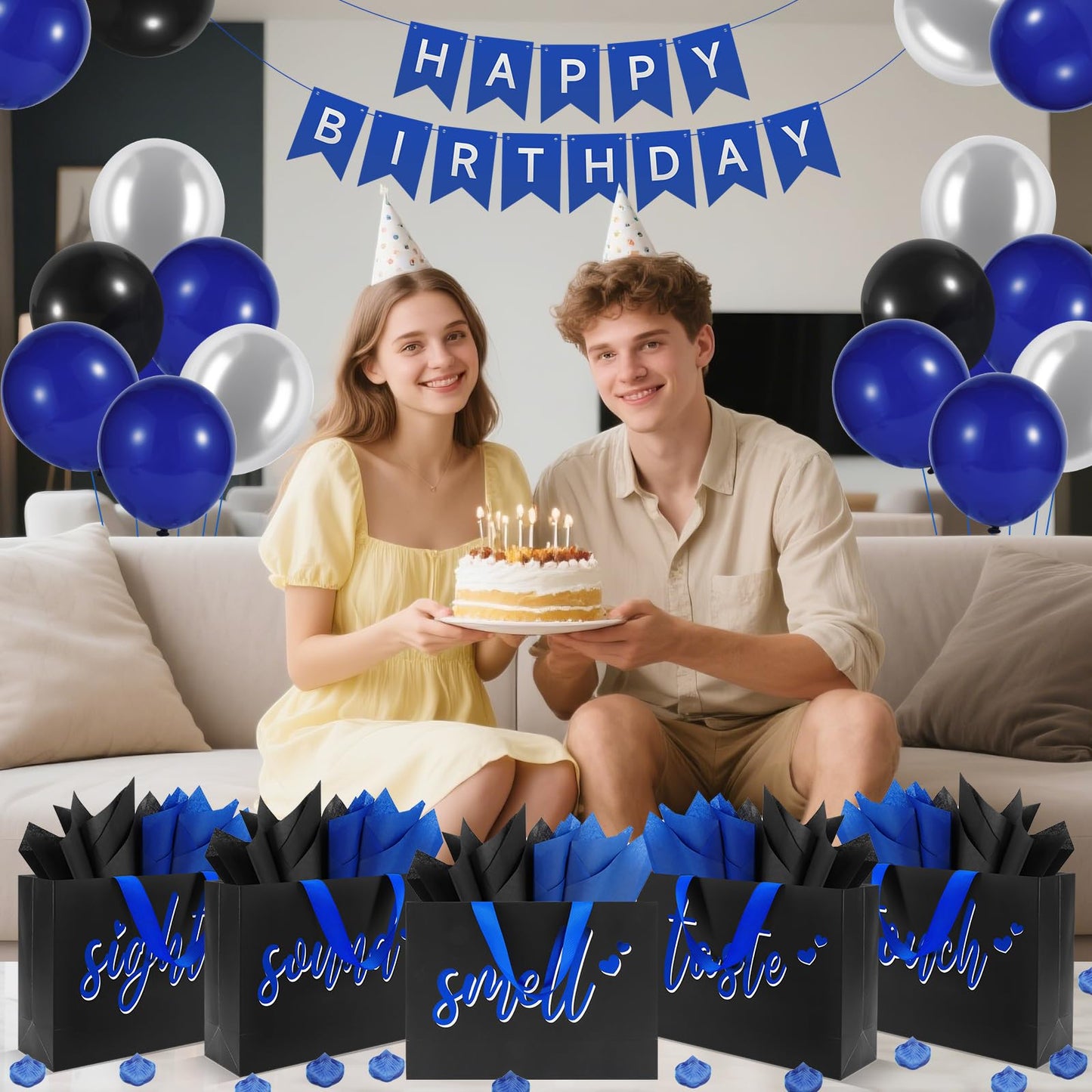 Epoesch 5 Senses Gift Bags for Him with Labels & Tissue Paper | Happy Birthday Decorations Kit with Banner, Balloons, Rose Petals, Envelope, Card for Men, Boyfriend, Husband(Black - Blue lettering)