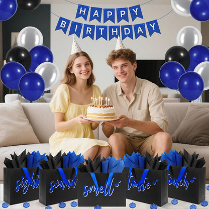 Epoesch 5 Senses Gift Bags for Him with Labels & Tissue Paper | Happy Birthday Decorations Kit with Banner, Balloons, Rose Petals, Envelope, Card for Men, Boyfriend, Husband(Black - Blue lettering)