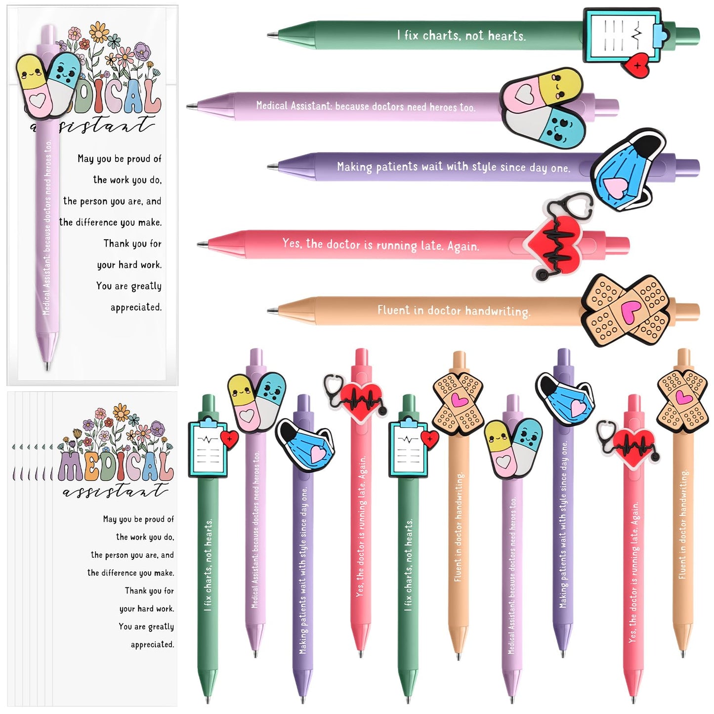 Gersoniel 12 Sets Medical Assistant Gifts Funny Ballpoint Pens with Thank You Cards for Medical Assistant Week Appreciation Party Favors 5 Styles Office Accessories Essentials
