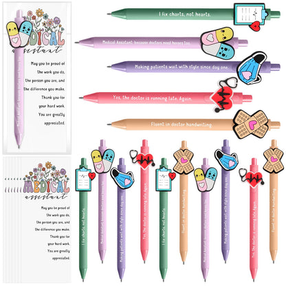 Gersoniel 12 Sets Medical Assistant Gifts Funny Ballpoint Pens with Thank You Cards for Medical Assistant Week Appreciation Party Favors 5 Styles Office Accessories Essentials