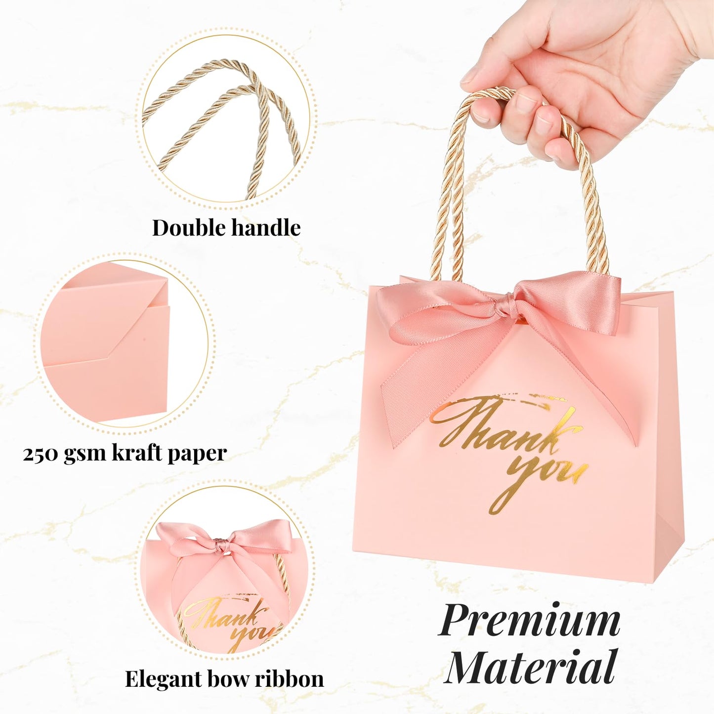 Mauproy 20 Pack Small Thank You Gift Bags with Handles, 5.5''x 2.5''x 4.7'' Mini Paper Gift Bags with Ribbons Party Favor Bags for Graduation Wedding Baby Shower (Pink)