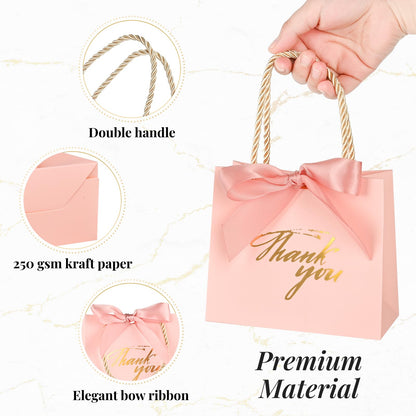 Mauproy 20 Pack Small Thank You Gift Bags with Handles, 5.5''x 2.5''x 4.7'' Mini Paper Gift Bags with Ribbons Party Favor Bags for Graduation Wedding Baby Shower (Pink)