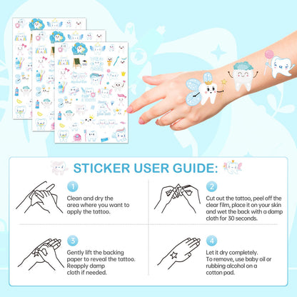 Dental Tooth Temporary Tattoos Stickers - 8 Sheets 280 Pcs Cute Cartoon Teeth Fairy Gifts One's First Teeth Tattoo Sticker for Kids Funny Dentist Party Decorations Hospital Doctor Prizes Rewards