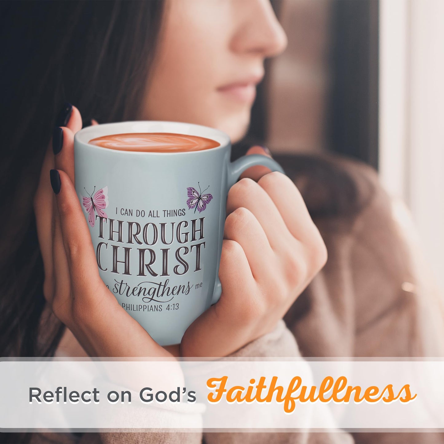 Christian Art Gifts Inspirational Microwave/Dishwasher Safe Ceramic Coffee & Tea Scripture Mug for Women: All Things Through Christ Encouraging Bible Verse, Cute Butterflies, Light Blue/White, 12 oz.