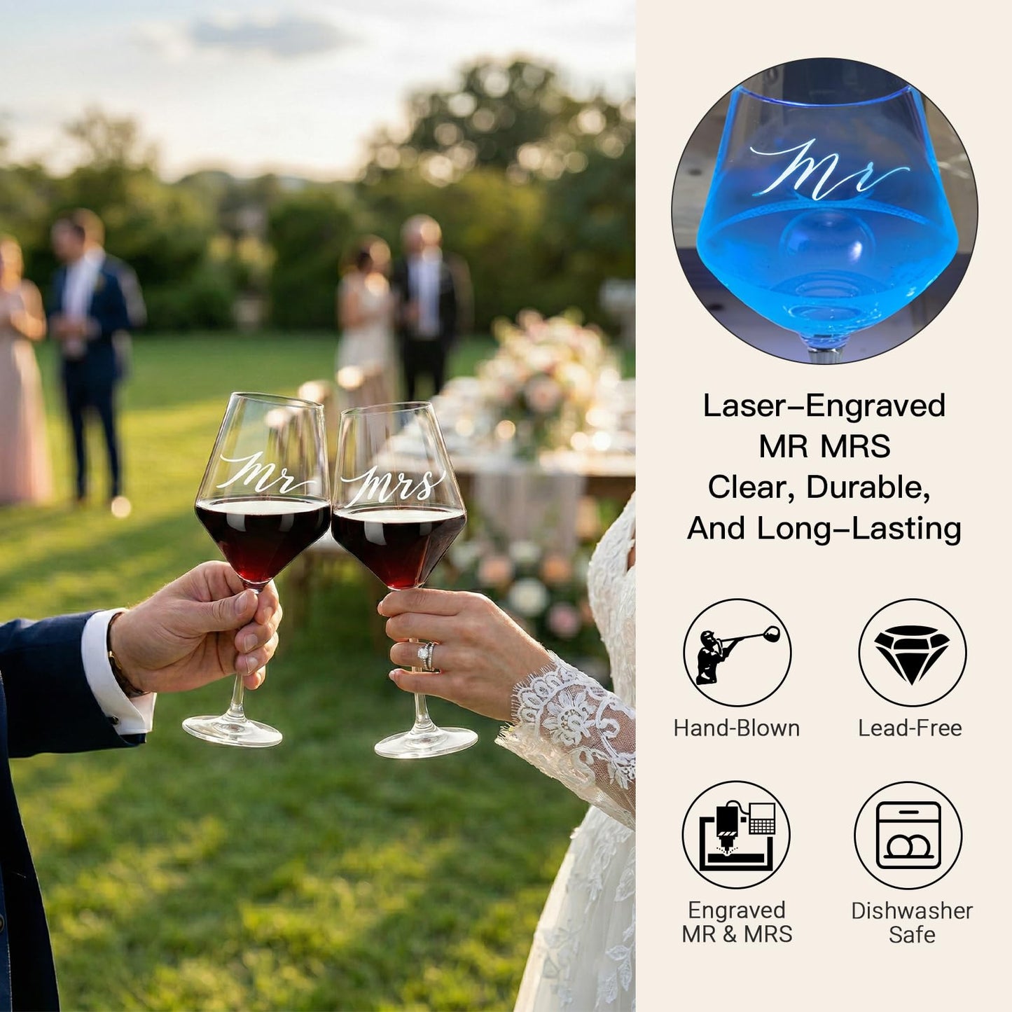 Wedding/Anniversary/Engagement/Bridal Shower and Bachelorette Gifts for Couples,Bride & Newlywed, Engraved Mr and Mrs Wine Glasses with 5-Piece Wine Accessory Kit