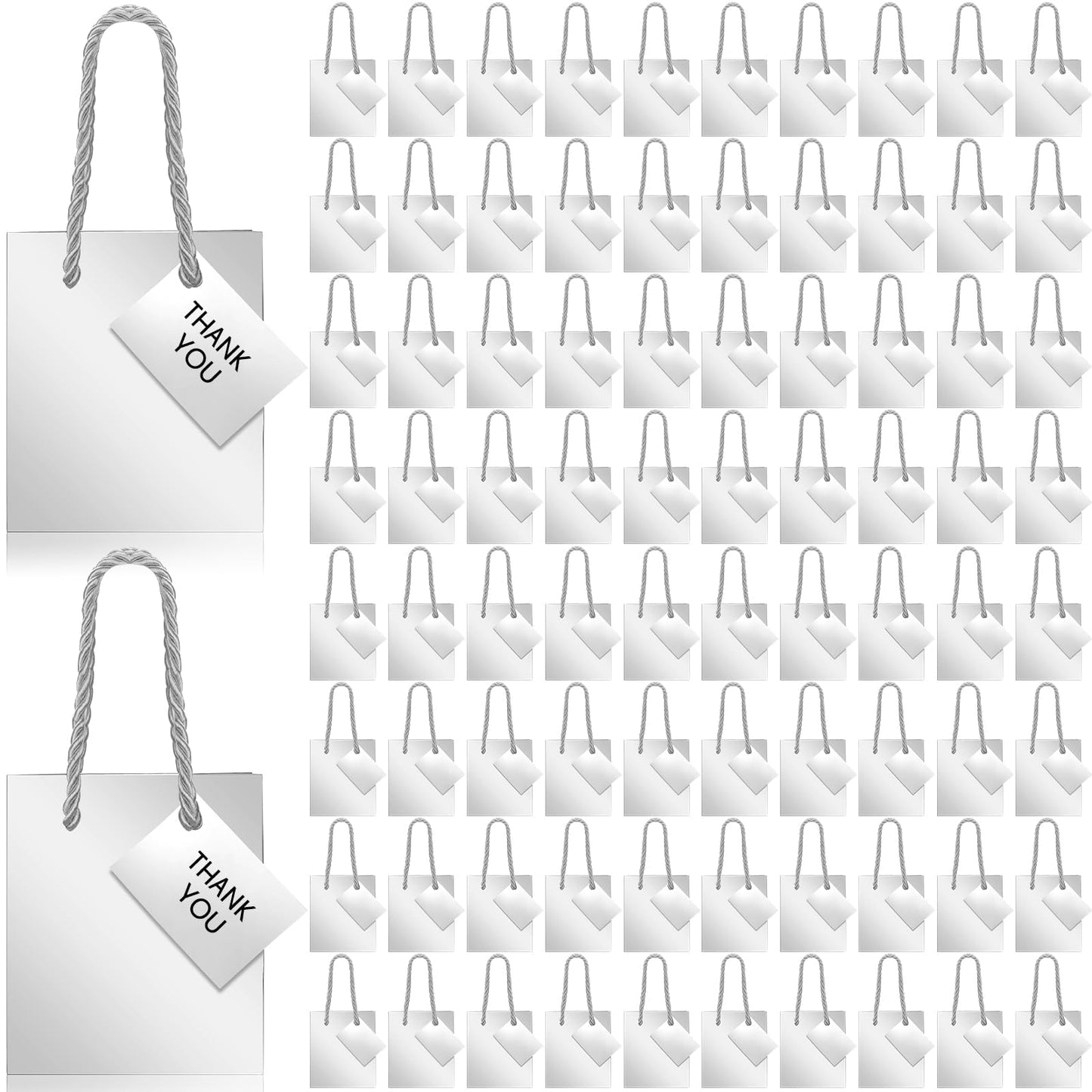 Sherr 100 Pcs Mini Gift Bags Bulk, 4 x 2.75 x 4.5 in Paper Bag with Tag, Extra Small Paper Gift Boxes with Handles for Birthday, Party Favor, Wedding, Small Business, Spring Easter(Silver)