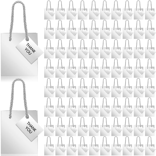 Sherr 100 Pcs Mini Gift Bags Bulk, 4 x 2.75 x 4.5 in Paper Bag with Tag, Extra Small Paper Gift Boxes with Handles for Birthday, Party Favor, Wedding, Small Business, Spring Easter(Silver)