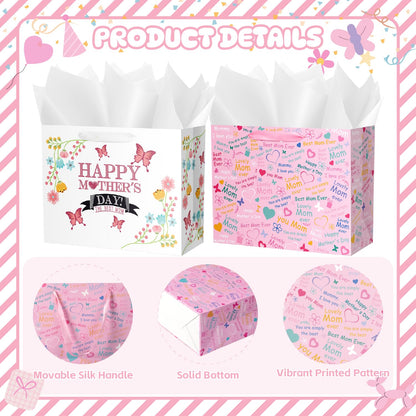 Lyforpyton 12.6" Medium Mother's Day Bag with Tissue Paper and Card for Mom, Grandma, Floral Gift Bags with Cards for Woman, Suitable for Mother's Day （ 2PCS ）