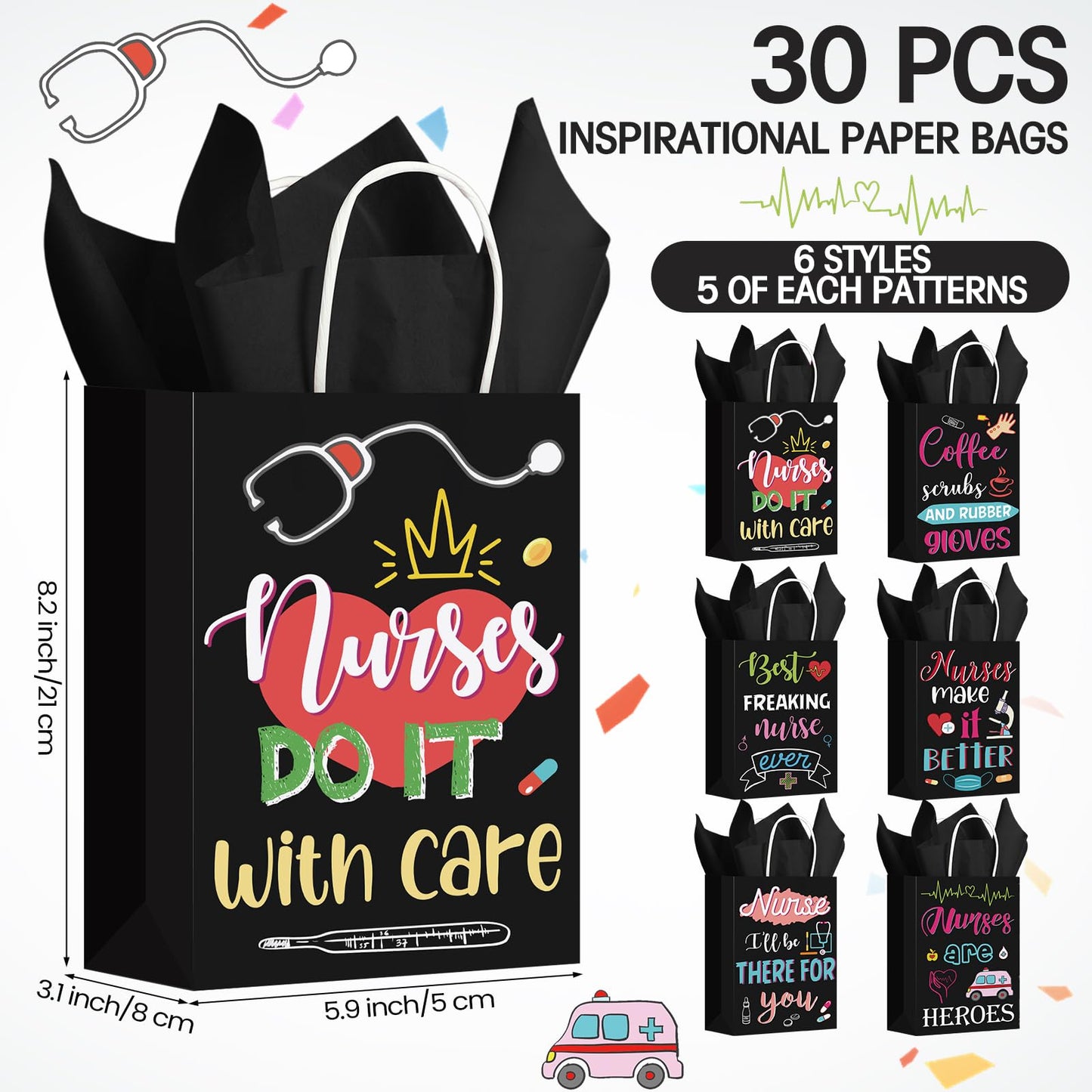 Resholder 30 Pcs Nurse Appreciation Gift Bags with Tissue Papers Nurses Week Paper Bags with Handles Thank You Treat Pouches Nursing Day Gifts for Thank Party Nursing Graduates Doctor Healthcare