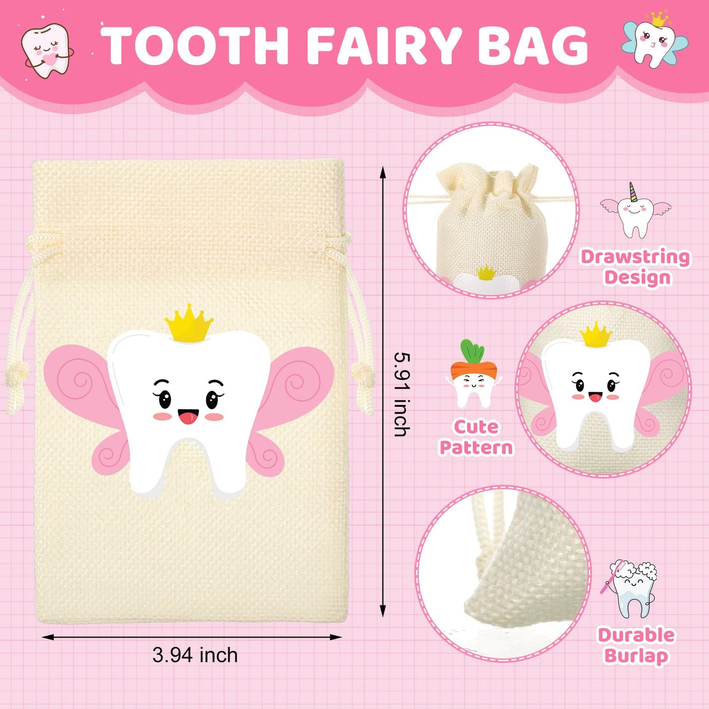 Equsion 3 Pcs Tooth Fairy Gifts for Girls and Boys Tooth Fairy Box Coin Unicorn Bag with Gold Foil Reward Coins Wood Baby Keepsake Box for Lost Teeth Kids Birthday Gift(Pink)