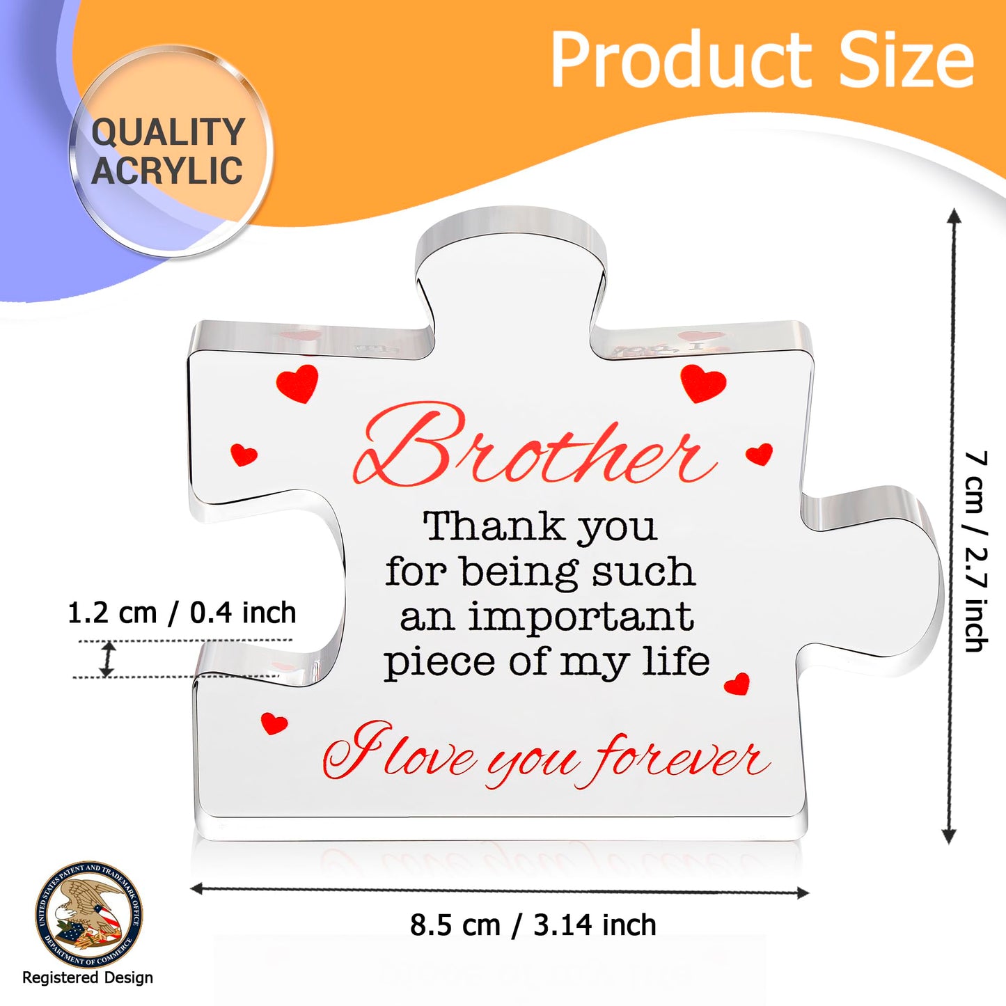 Brother Gifts - Engraved Acrylic Block Puzzle Brother Gift 4.1 x 3.5 inch - Cool Brother Gifts from Sister, Brother - Birthday, Christmas, Graduation Gifts for Big Brother, Little Brother