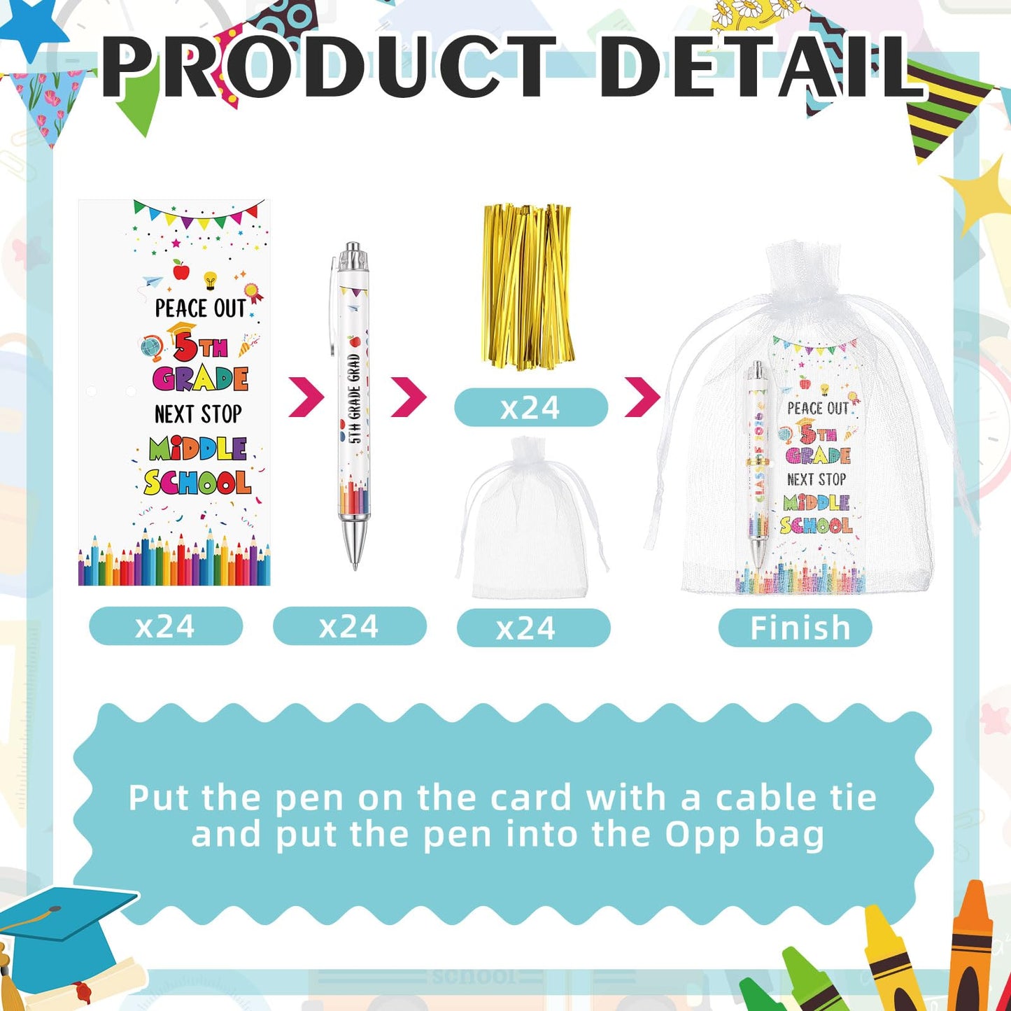 Sayglossy 24 Set 5th Grade Graduation Gifts Bulk Class of 2026 Ballpoint Pens with Inspirational Greeting Cards Fifth Grade Graduation Party Favors for Students (White)