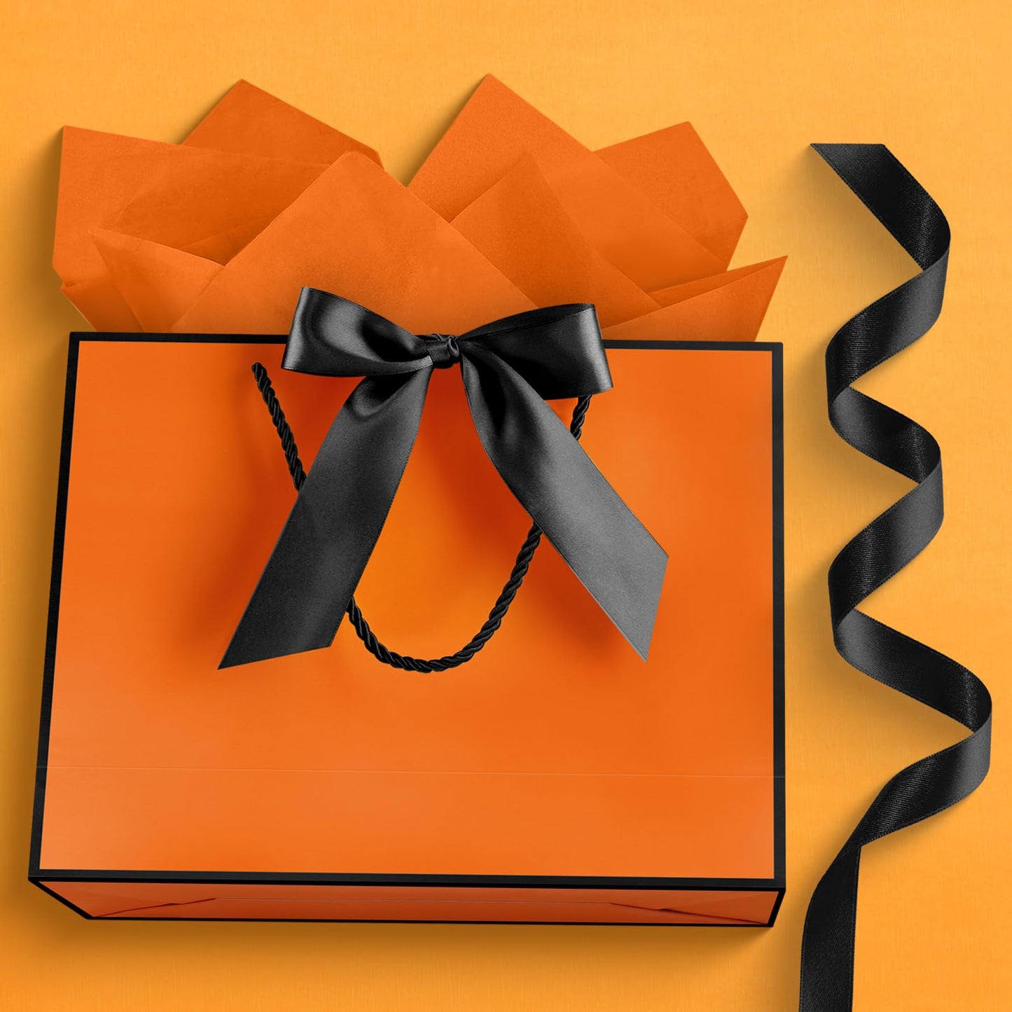 JMANNI Gift Bags with Handles, 13” Medium Gift Bag for Presents, 1 Pcs Bags with 2 Tissue Paper and 1 Cards for Graduation Baby Shower Wedding Fathers Day Mother's Day Birthday Party (Orange-Black