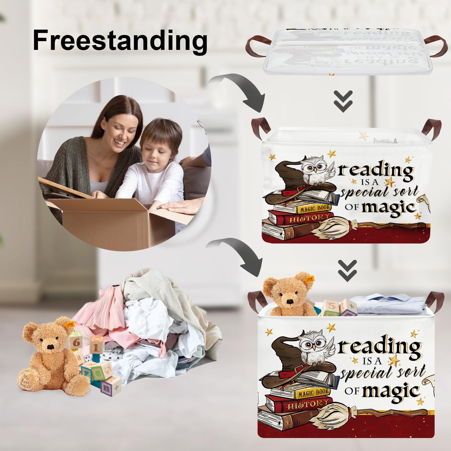 Clastyle Magic Nursery Decor Baby Gift Basket Kid Large Feather Hat Book Shelf Basket Broomstick Collapsible Rectangle Clothes Toy Bin,Wand Owl,40 * 30 * 30 cm